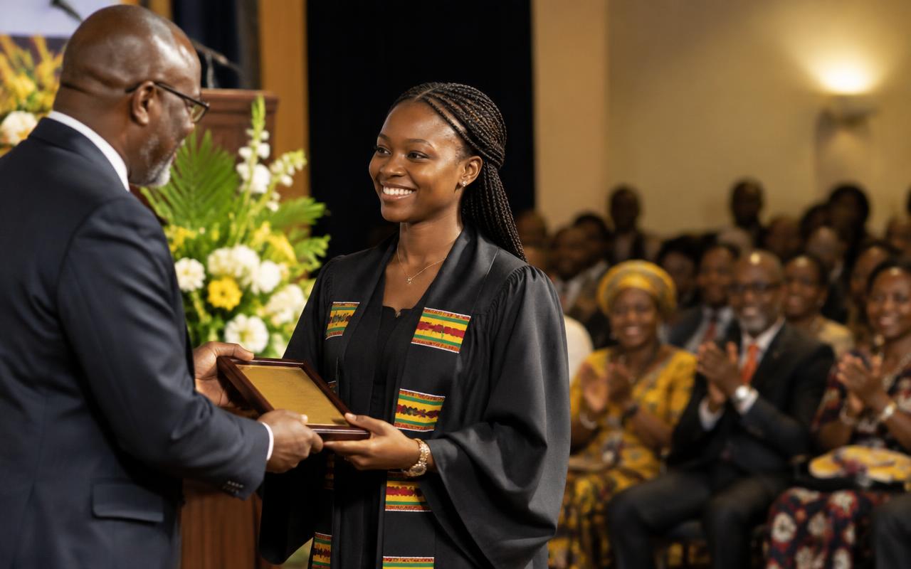 A student receiving an award at a university ceremony