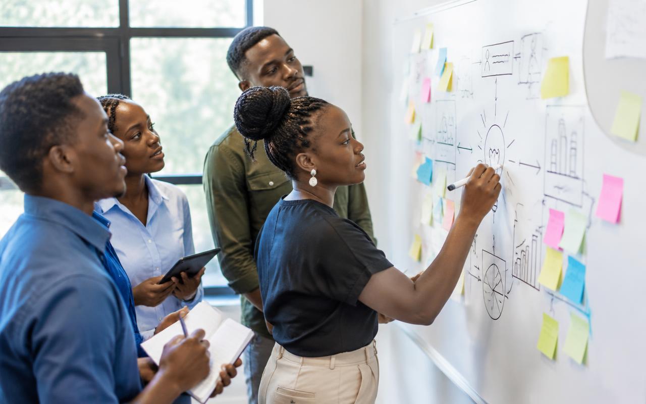 Young entrepreneurs mapping a business model on a whiteboard