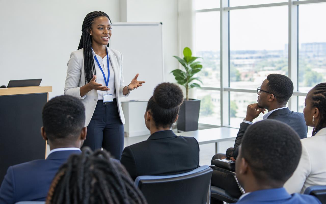 A speaker addressing young professionals at a leadership seminar