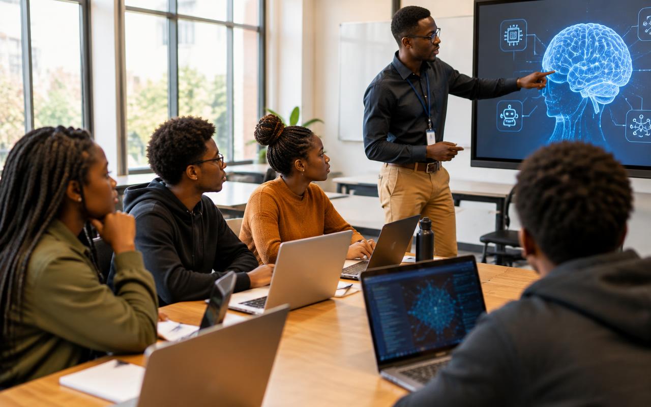 Young Africans learning about artificial intelligence in a technology classroom